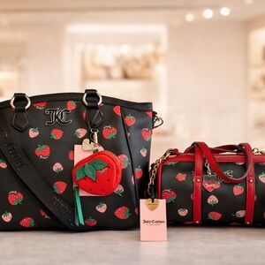 Juicy Couture Black Tote & Barrel Bag Set with Red Strawberry Accents